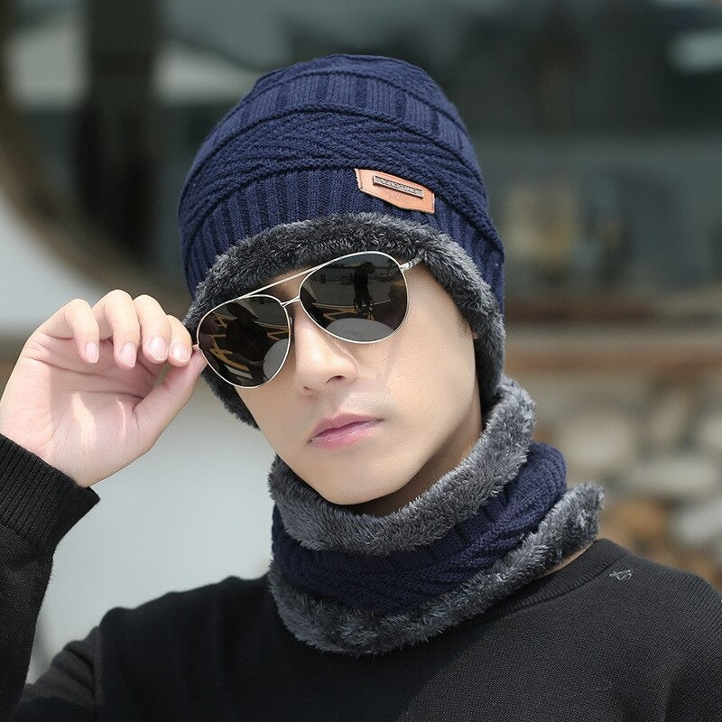 2pcs Ski Cap and Scarf Set Cold Warm Winter Hat for Women Men Knitted Bonnet Warm Cap