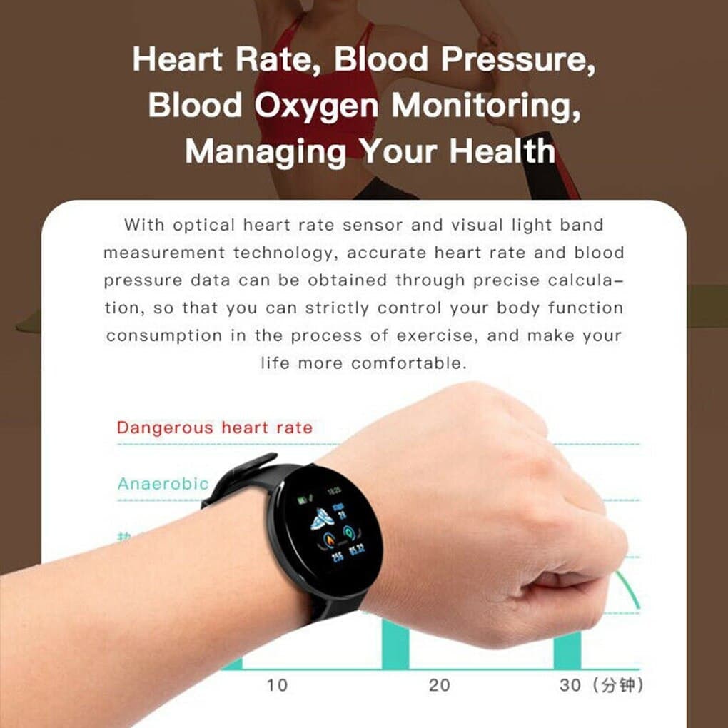 D18 Heart Rate Blood Pressure Smartwatch Color Screen Fitness Tracker Smart Watch IP65 Waterproof